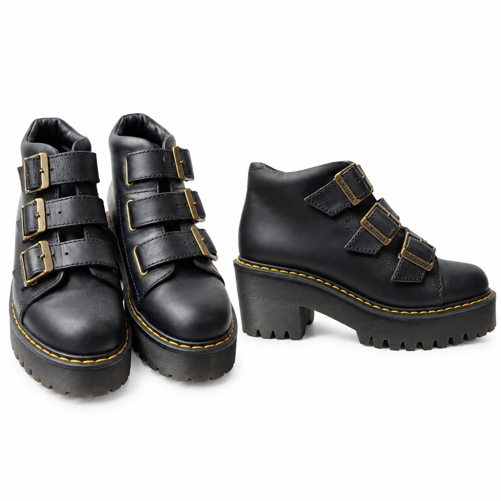 DR. MARTENS "Coppola" Platform Boots Womens Sz 6 Black Leather 3-Buckle 90s Y2K